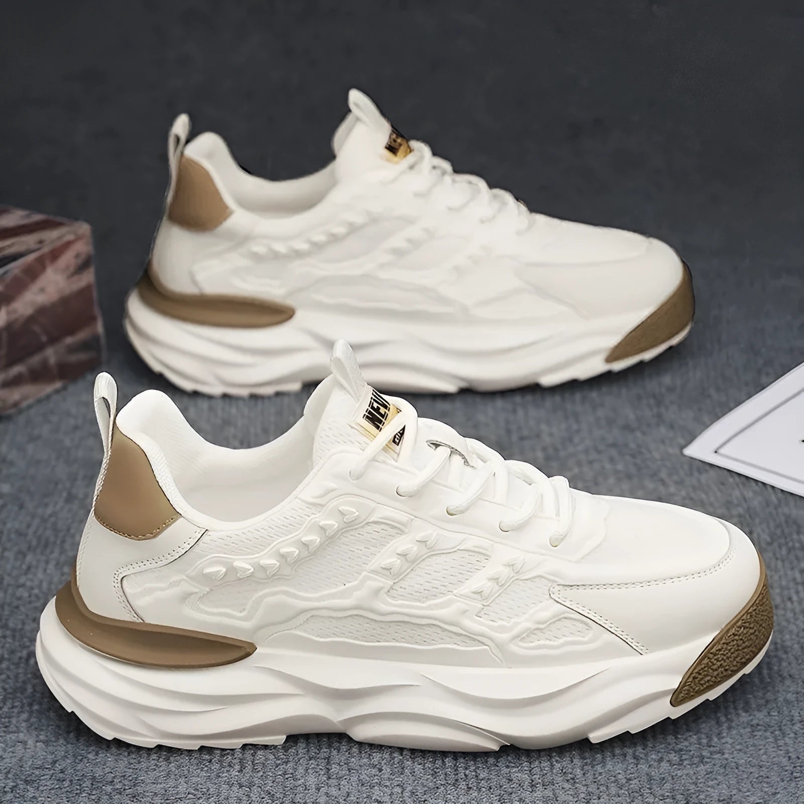 Men's white and black breathable mesh shoes with round toe design in sizes 39-44