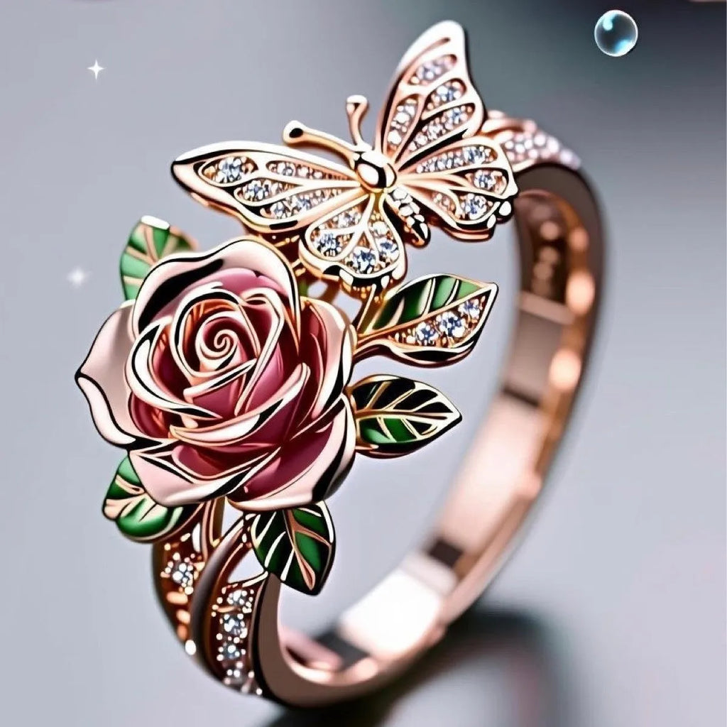Adjustable fairy style butterfly ring with colourful oil-dipped effect and floral modelling