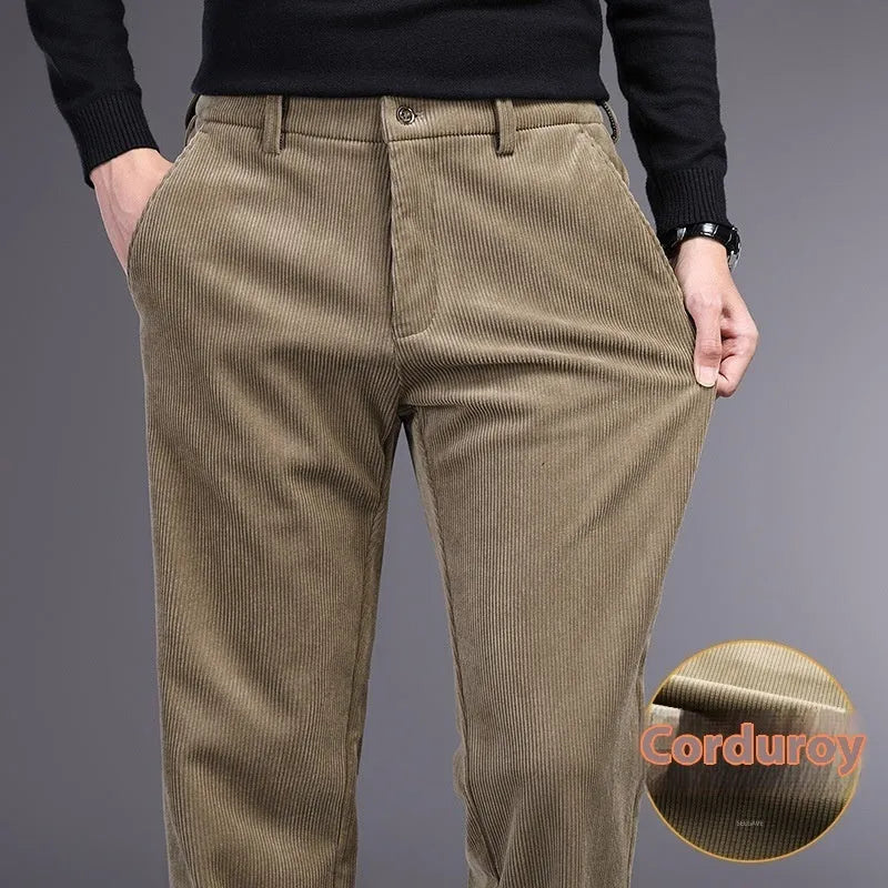 British retro striped straight-leg men's trousers in a dark colour, laid flat to show the zip fly and full length.