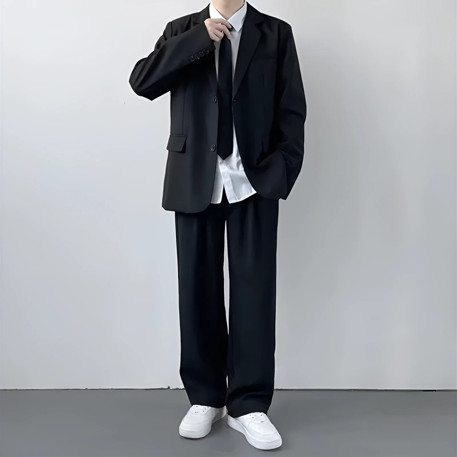 Plus size men's college style suit jacket set with trousers, white shirt and tie in loose fit
