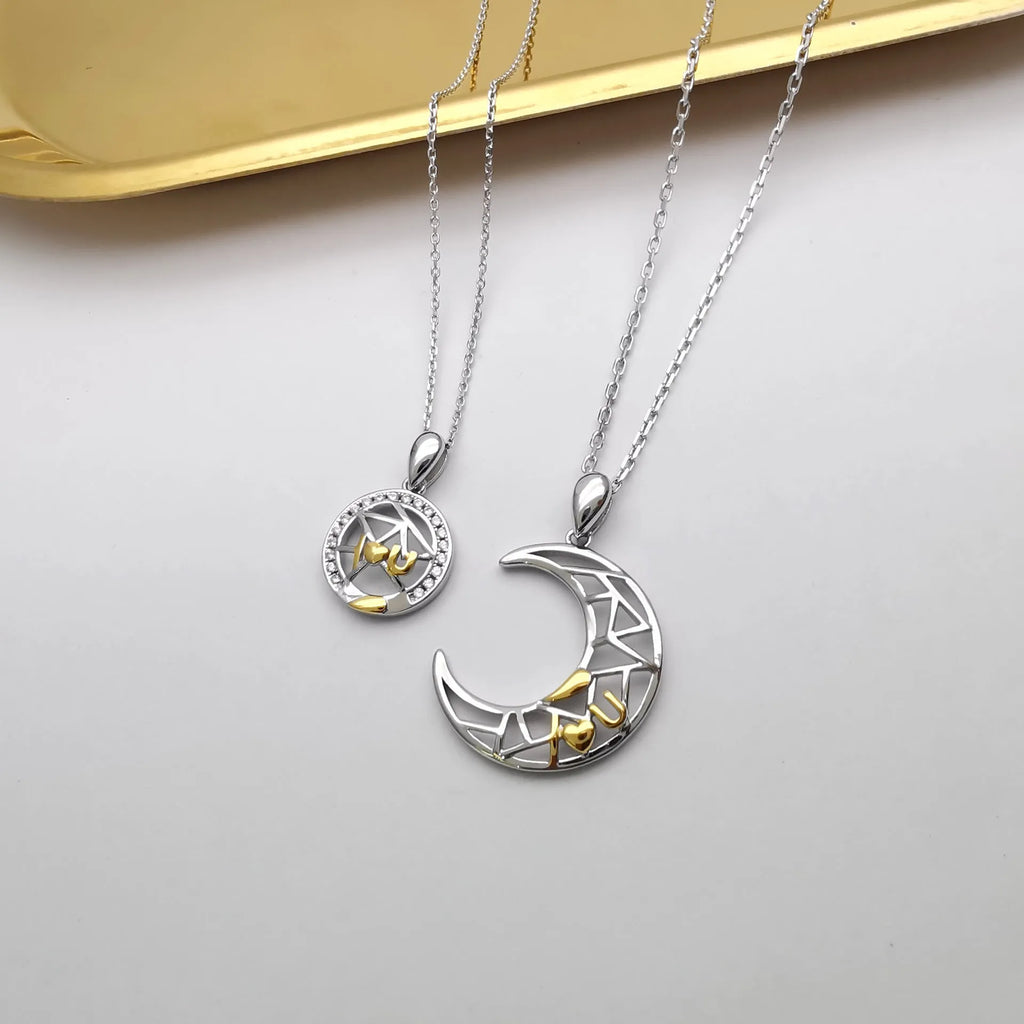 Sun moon tooth couple necklace for men and women with copper pendant and cross chain style
