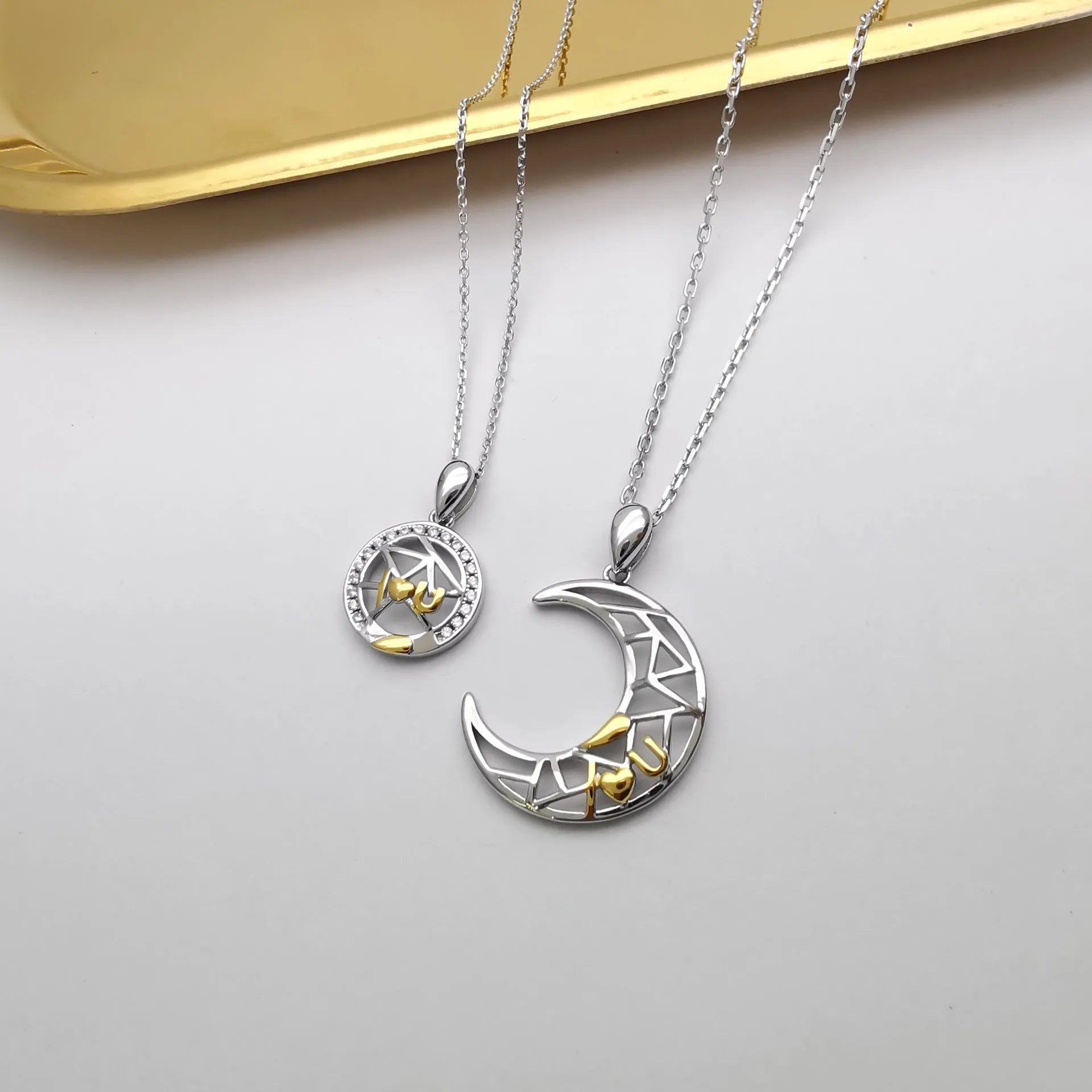 Sun moon tooth couple necklace for men and women with copper pendant and cross chain style