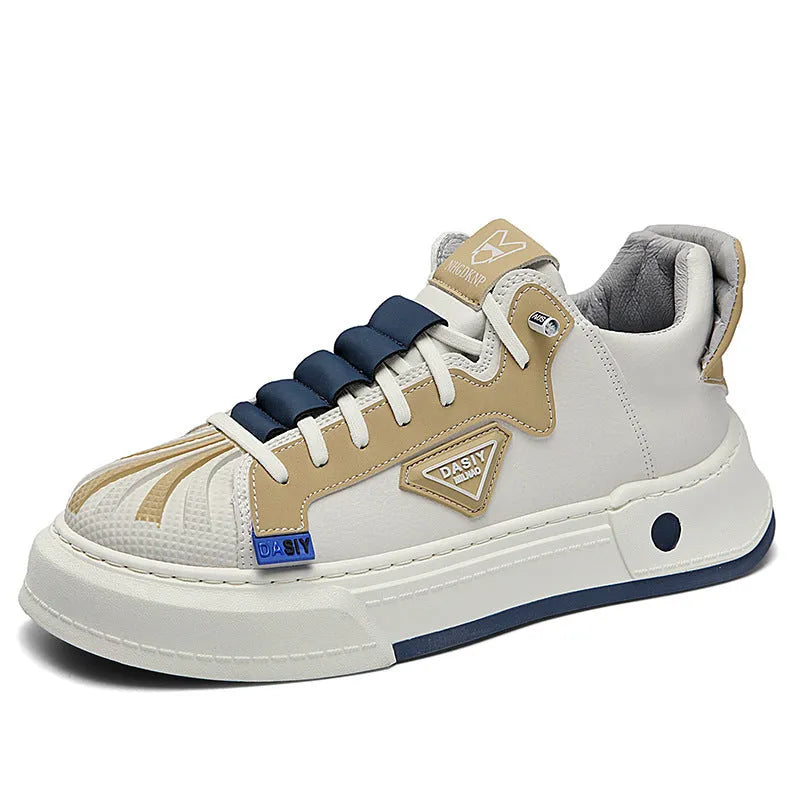 Men's beige low-top casual sneakers with elastic band closure and leather stitching details