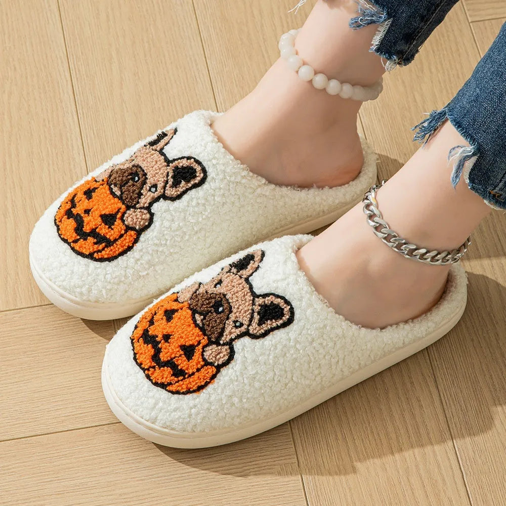 Halloween pumpkin themed plush slippers with non-slip rubber soles