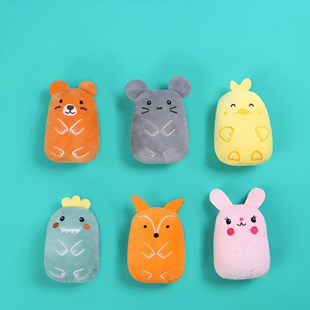 Four assorted colour catnip chewing toys for cats with plush construction