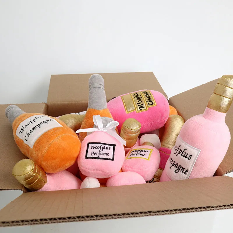 Plush wine bottle pet toy for dogs and cats in six colour variations