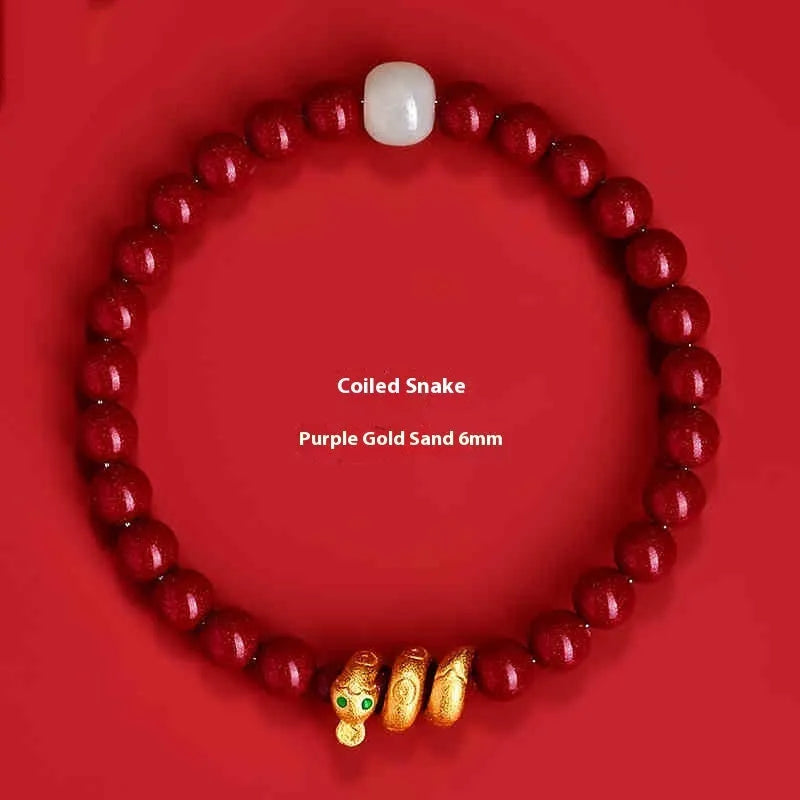 Handmade cinnabar snake zodiac bracelet with Chinese styling in 6mm or 8mm bead sizes