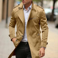 Men's mid-length lapel casual jacket in a solid colour with side seam pockets, shown in an autumn setting.