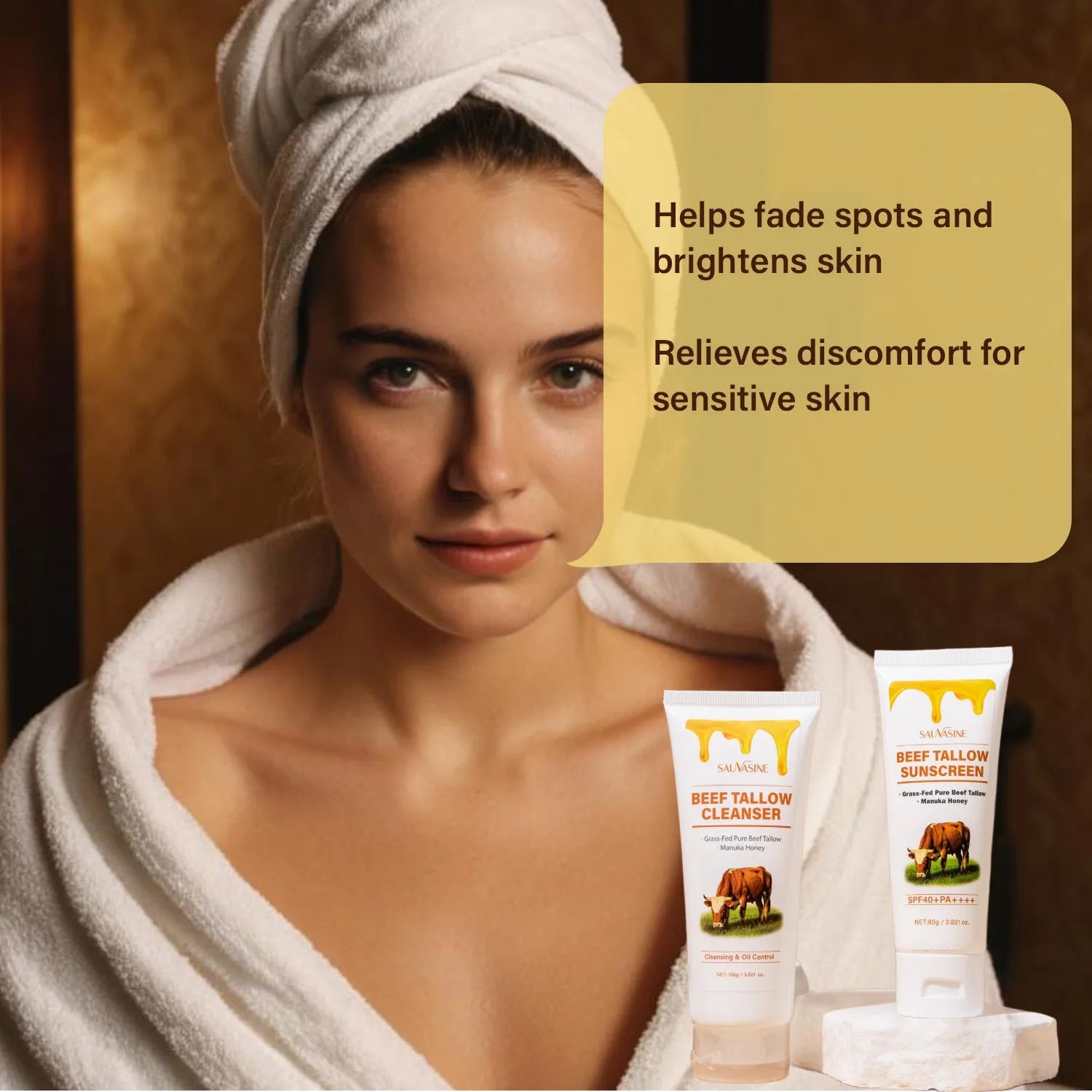 Butter Honey seven-piece skincare set showing cleanser, face cream, lipstick, protective cream, body lotion, facial scrub, and beef tallow cream