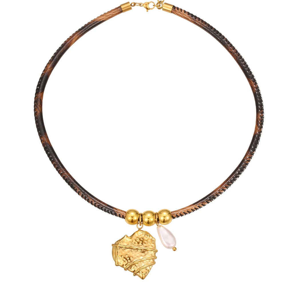 Leopard print geometric stainless steel necklace with gold electroplating on adjustable 41-50cm chain