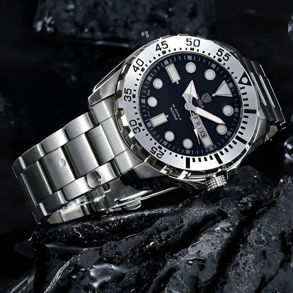 Men's waterproof sports watch with luminous dial and quartz movement on a steel strap.