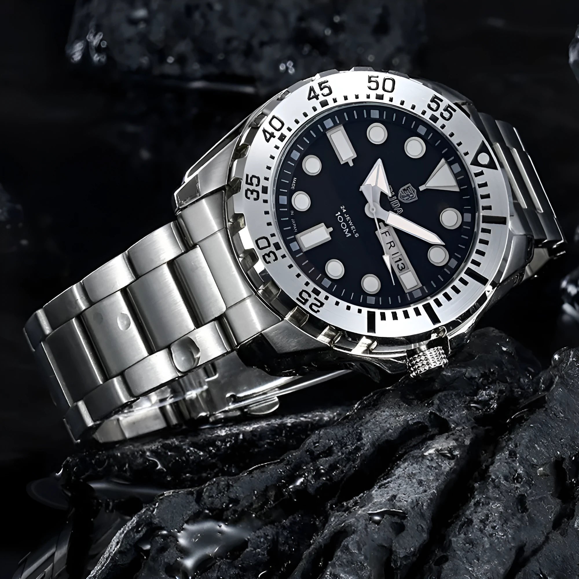 Men's waterproof sports watch with luminous dial and quartz movement on a steel strap.
