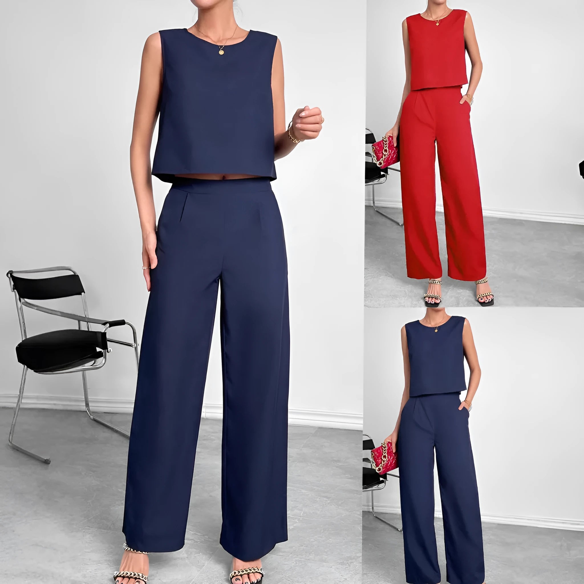 Women's red sleeveless top and wide-leg trousers two-piece polyester co-ord set on hanger