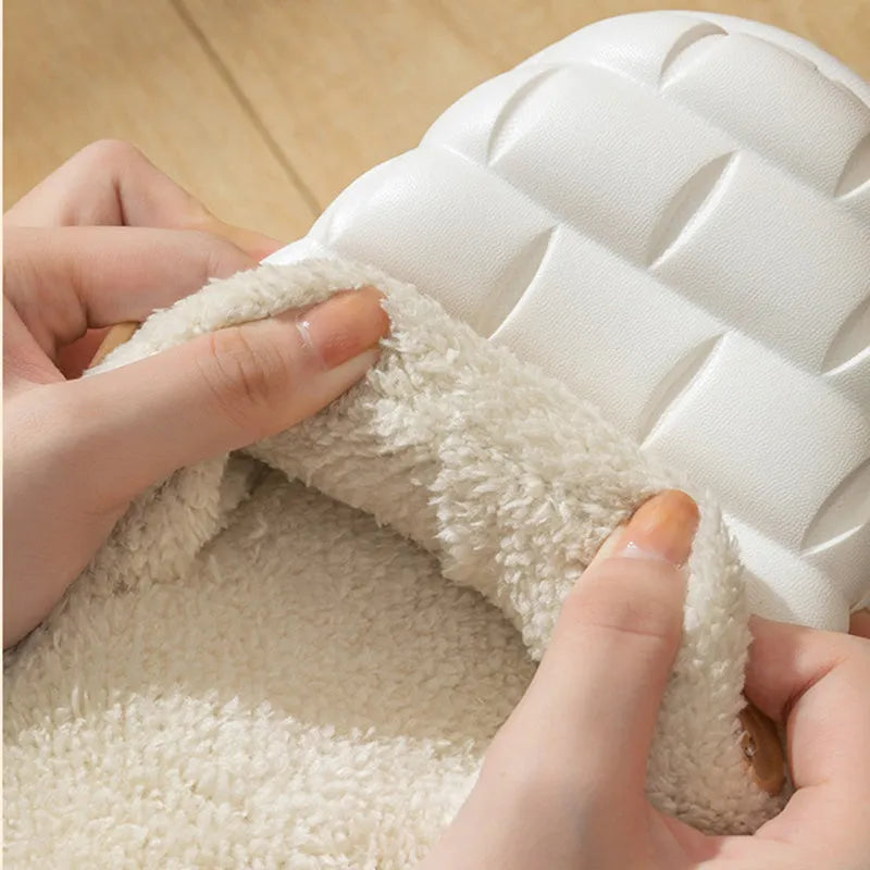 Plaid detachable EVA slippers with plush lining, shown in pink, with a round toe and flat sole.