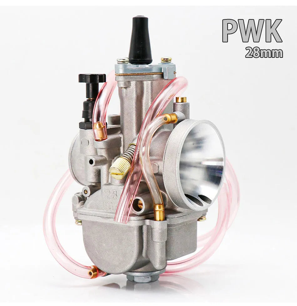 Sandblasted PWK motorcycle carburetor kit with seven bore size options from 21mm to 34mm.