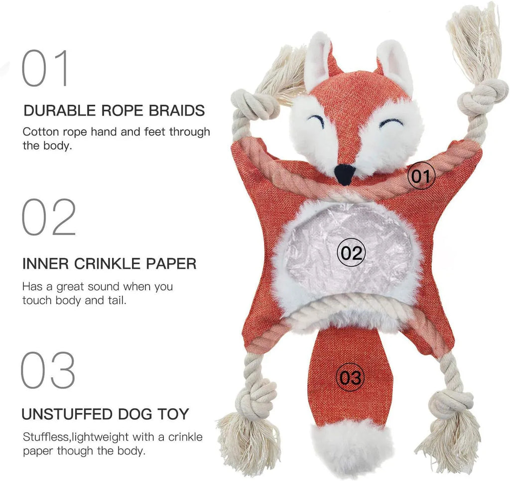 Brown fox-shaped plush dog toy with embroidered eyes, cotton rope limbs, and squeaker crinkle features.