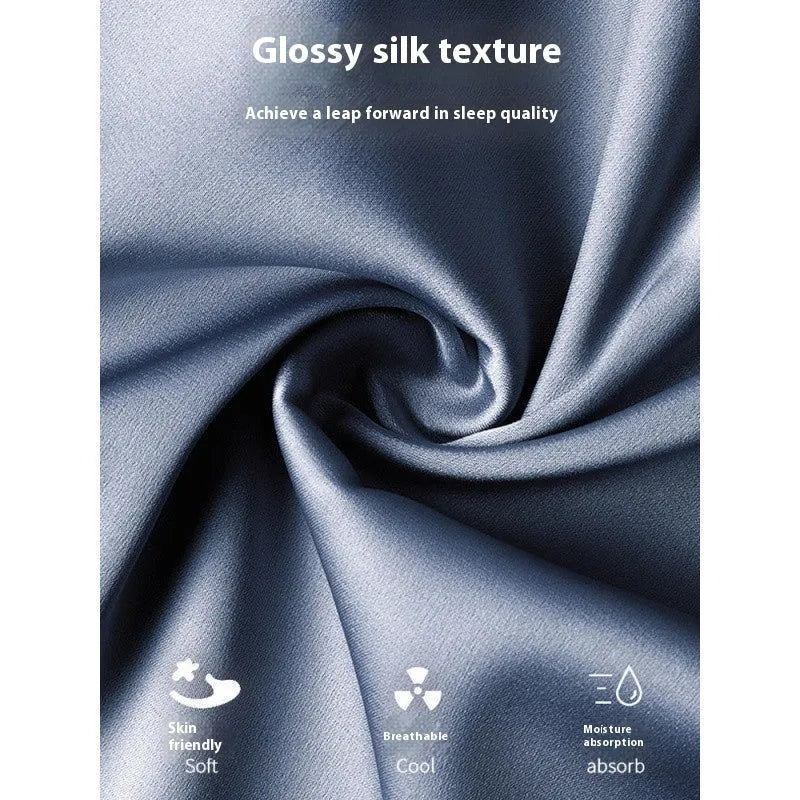 Men's ice silk three-piece homewear suit showing short sleeve top with elasticated shorts and trousers in silver colour