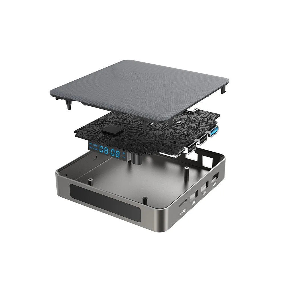 Compact black Android TV box with remote control and HDMI cable for 8K streaming