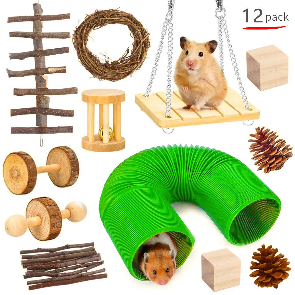 Assortment of wooden and natural material chewing toys for small pets including rabbits and guinea pigs