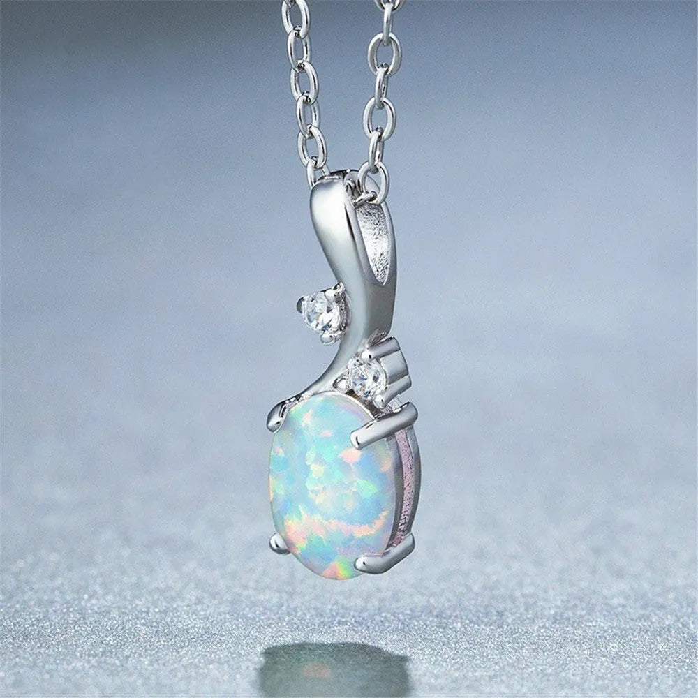 Water drop opal pendant necklace on O-shaped alloy chain in rose gold or white colour