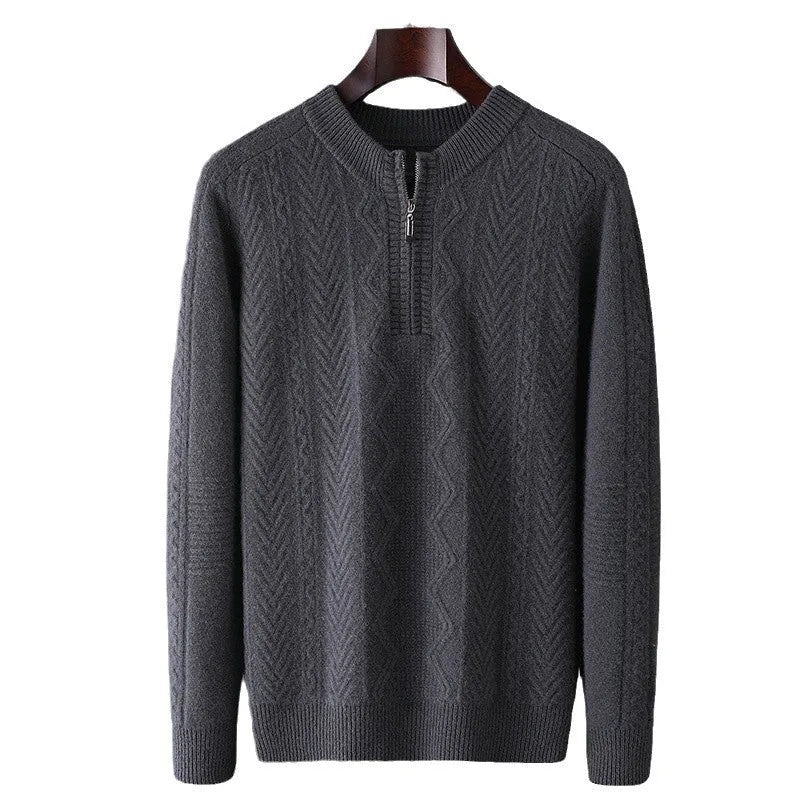 Men's diamond lattice pattern wool half zip sweater in light camel colour