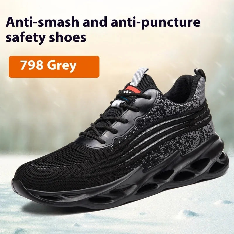 Brown anti-smashing puncture protection work shoes with leather upper and rubber sole