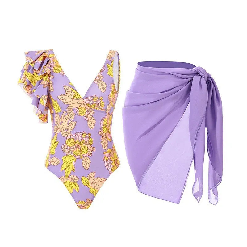 Women's solid colour one-piece swimsuit with spaghetti straps and matching skirt