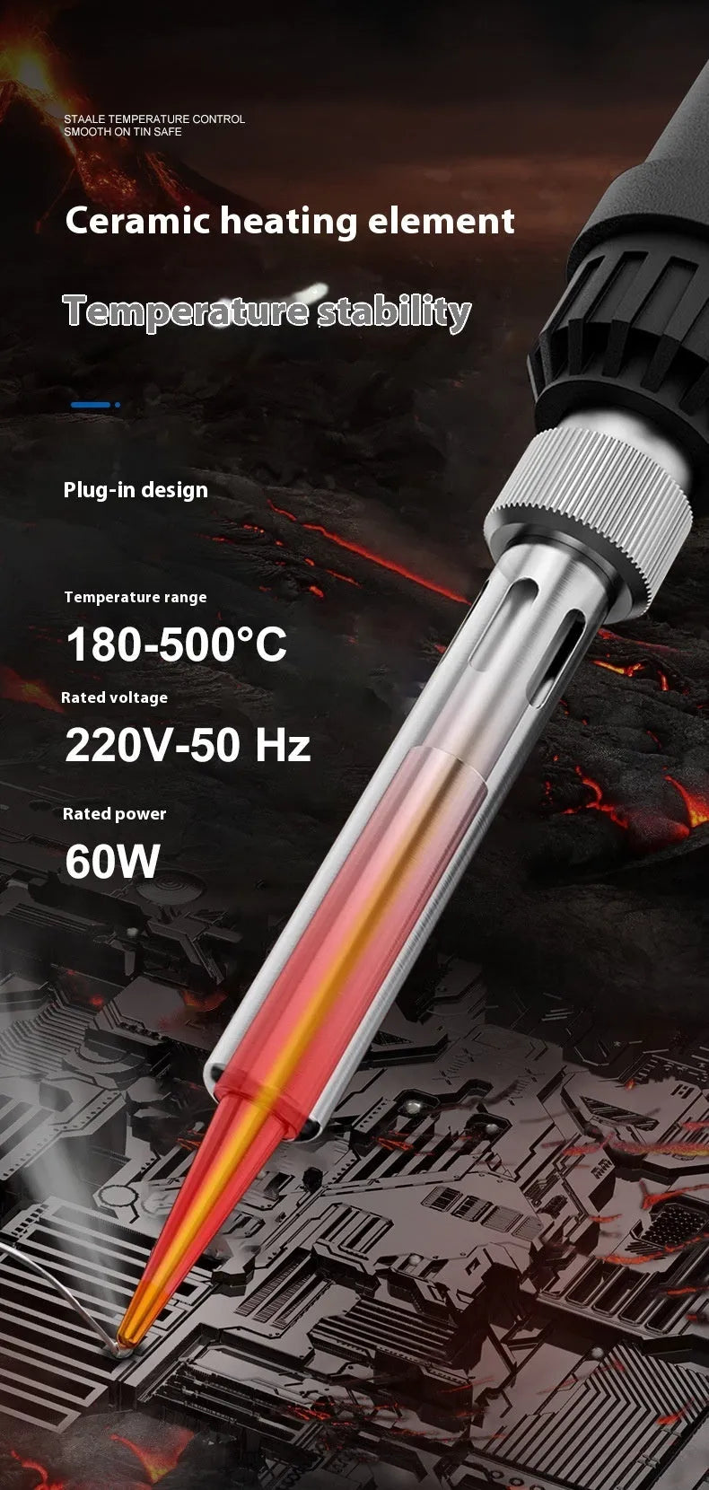 Grey 90W electric soldering iron with digital display, UK plug, and five soldering tips on a pen holder.