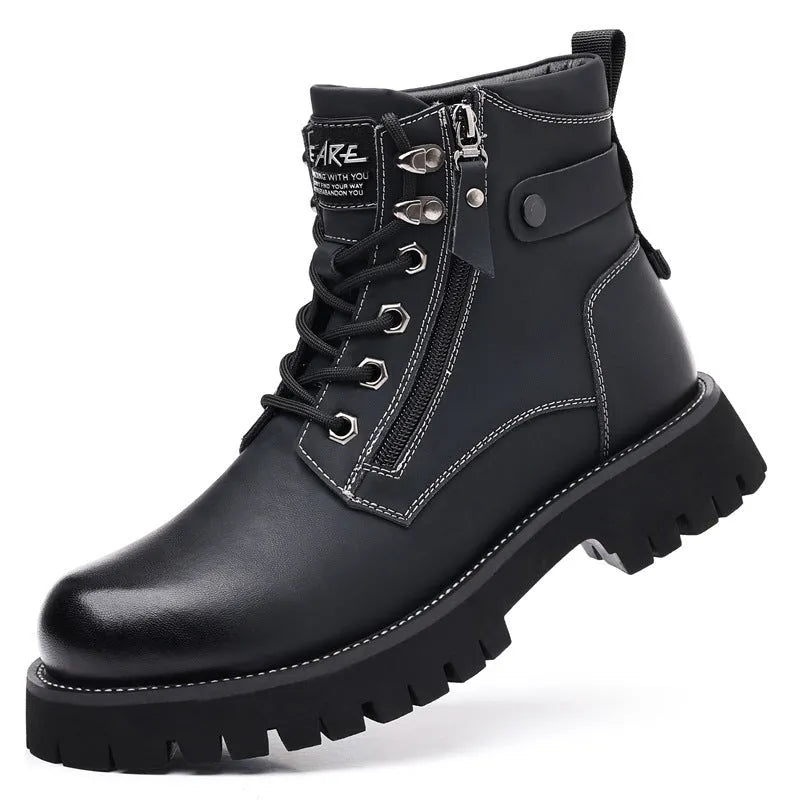 Men's brown high-top leather boots with side zipper and mid heel