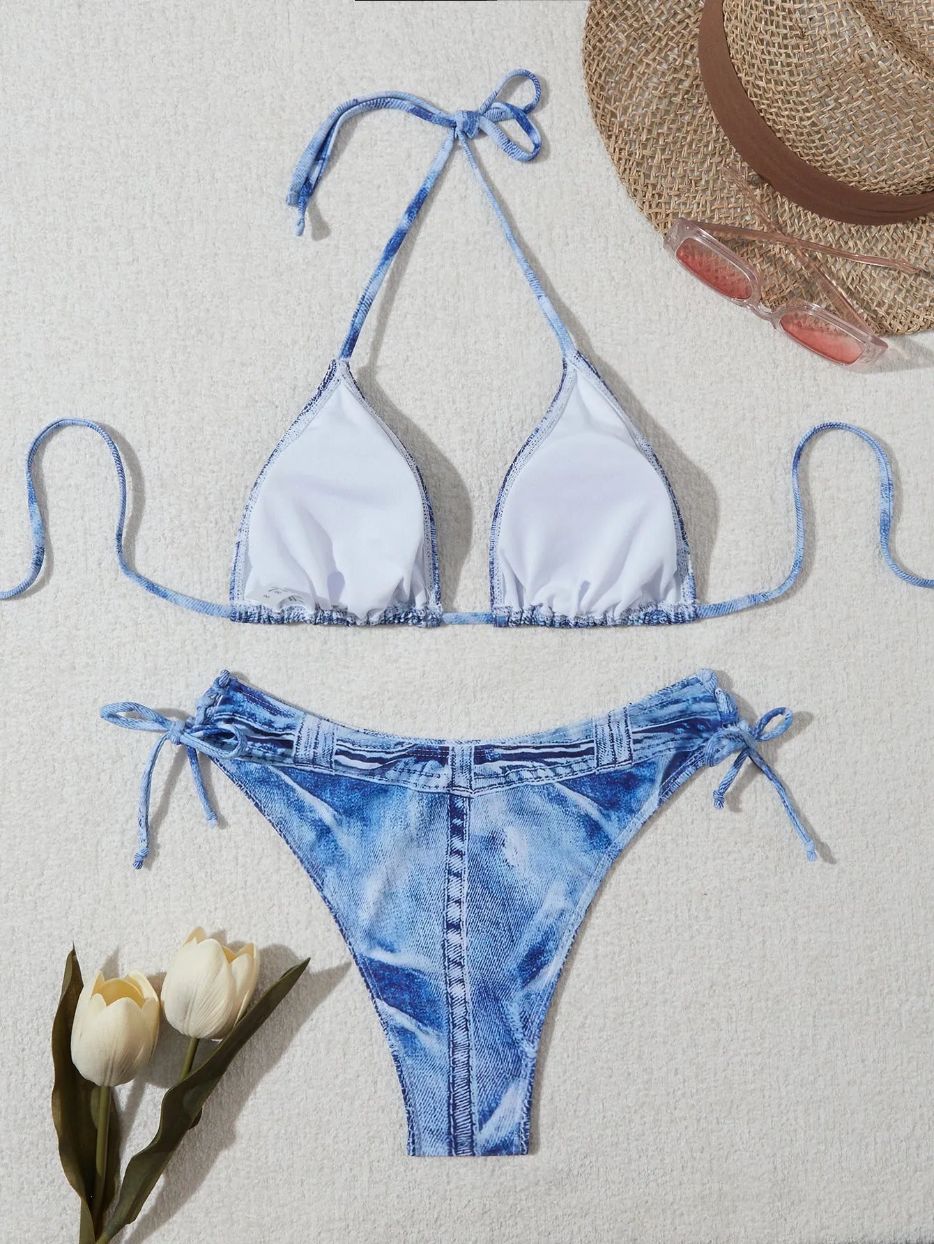 Women's denim blue print bikini set with strap detailing on polyester blend fabric