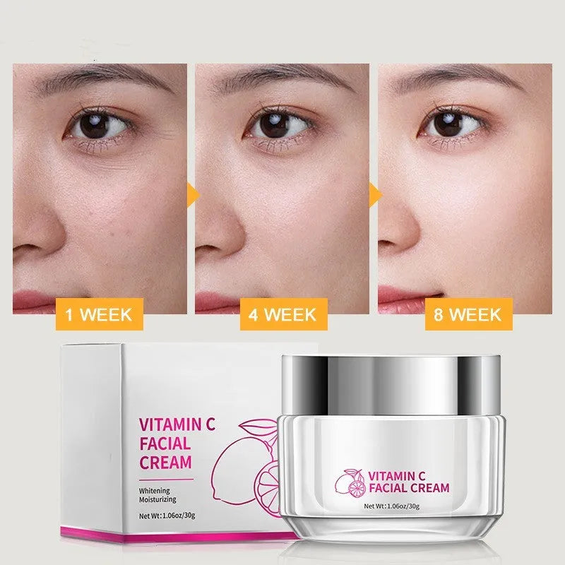 30g vitamin C face cream in a white 6cm wide by 5.2cm high jar.