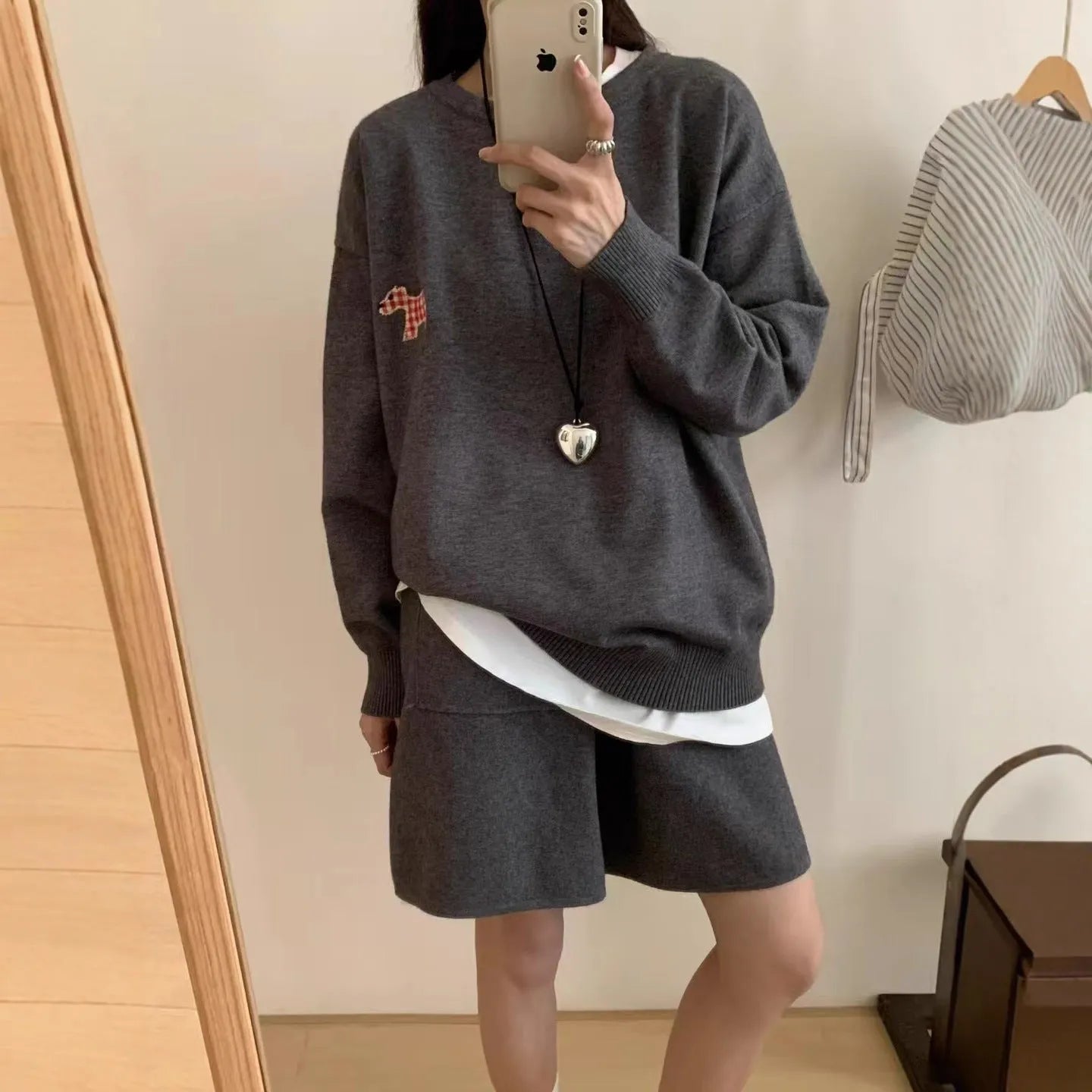 Women's knitted sweater shorts suit with embroidery detail in milk blue colour