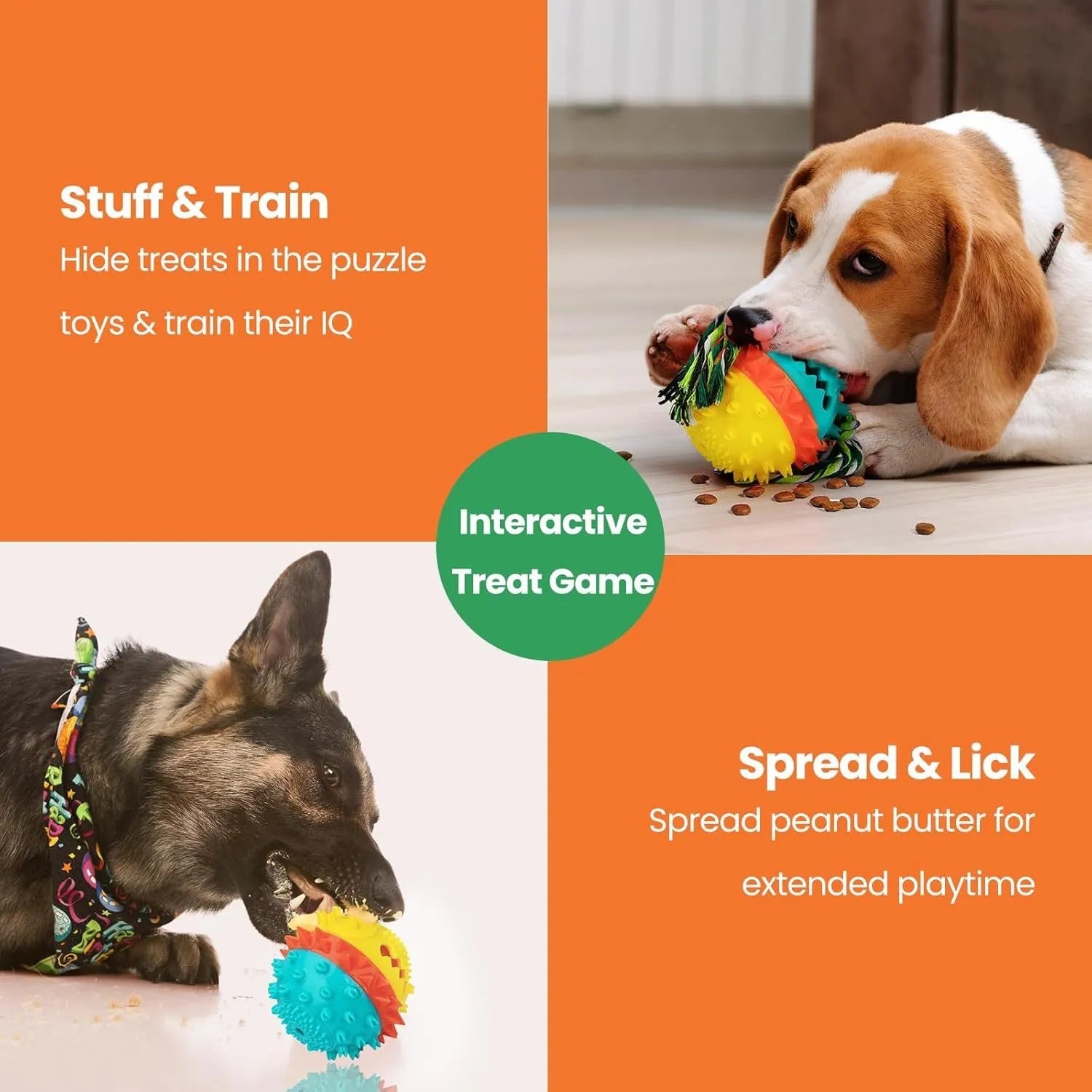 Blue and red squeaky treat-dispensing dog ball toy for large breeds on a plain background.