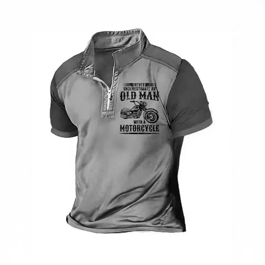 Men's casual polo shirt with lapel collar and black digital letter print on chest.