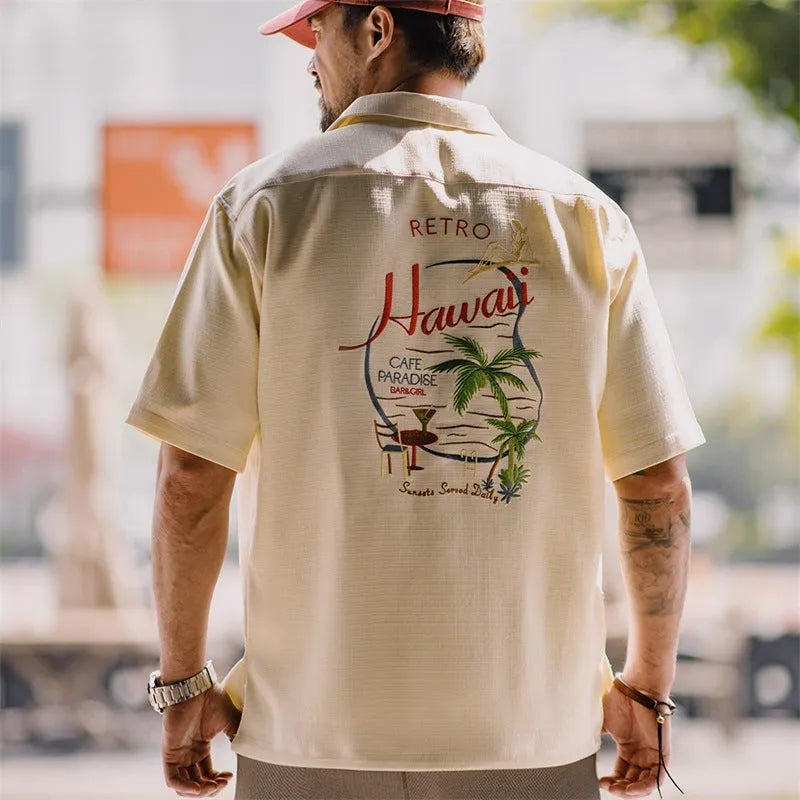 Men's light apricot Cuban collar shirt with bamboo and floral pattern