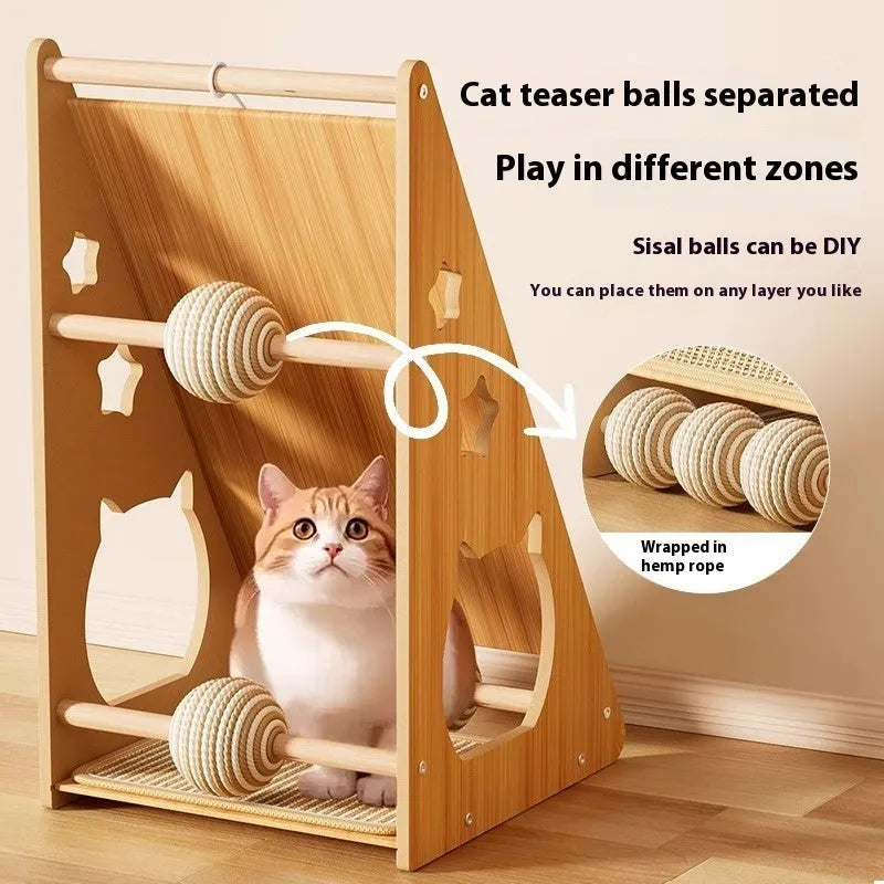 Vertical cat scratch board with hemp rope and integrated teasing ball attached to wall