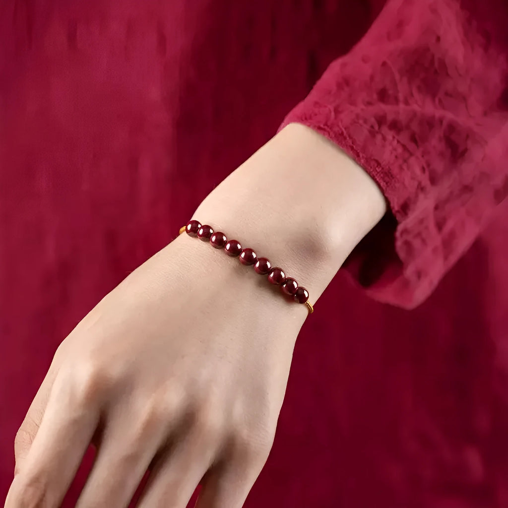 Hand-woven cinnabar bracelet with geometric design and traditional Chinese style