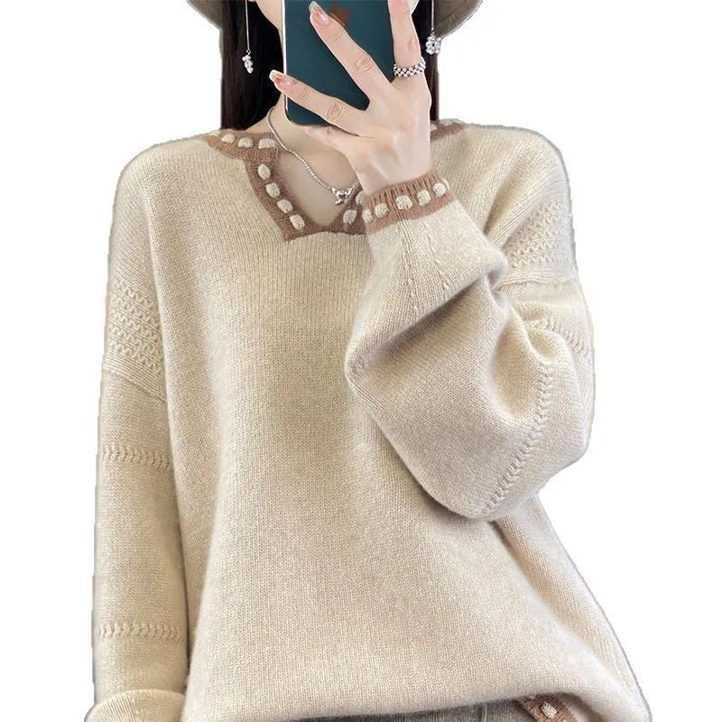 Women's V-neck pullover sweater in camel and white colours with regular long sleeves