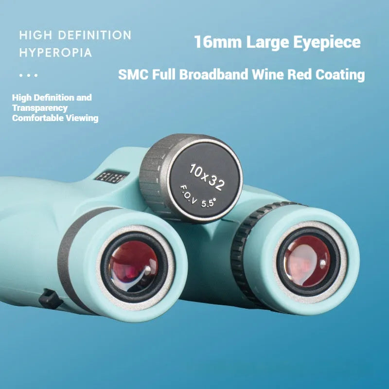Wine red film imaging 10x32 binoculars in blue or gray colour with compact plastic housing