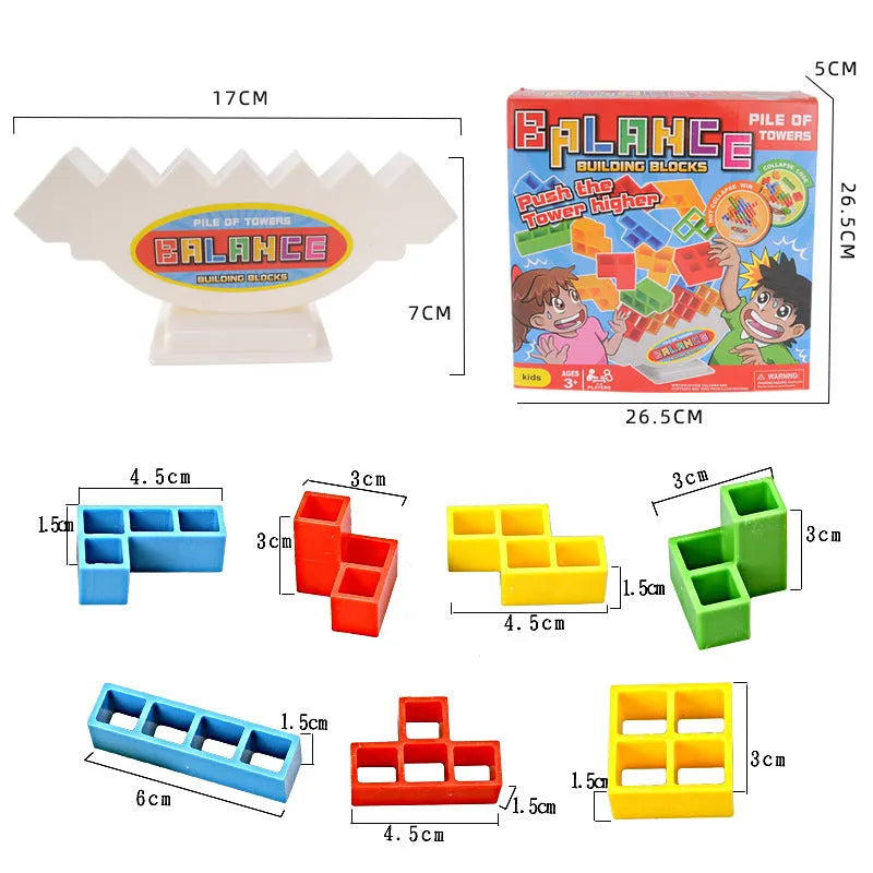 Plastic balance stacking board game with 16 colourful blocks on a chassis and base
