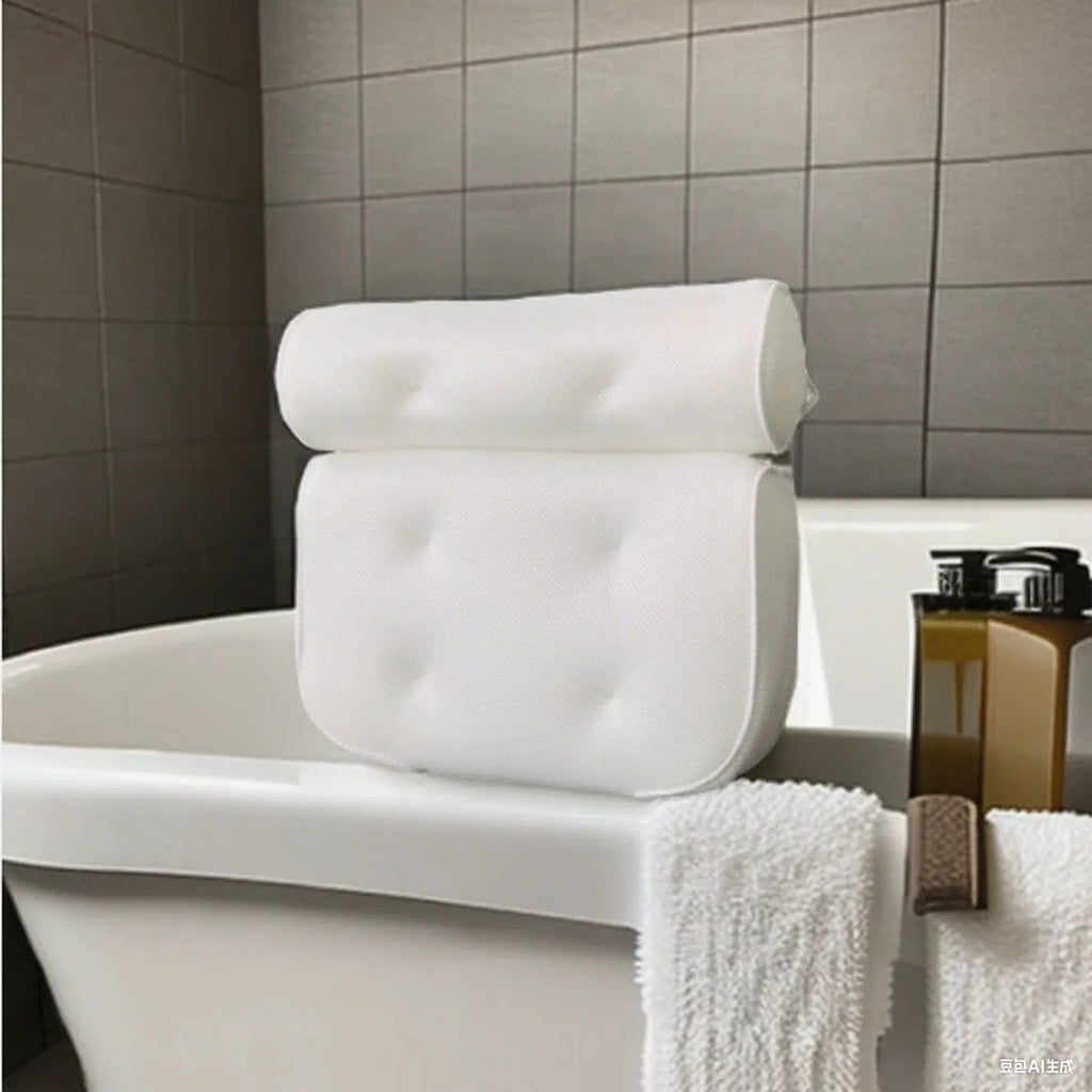 White bathtub pillow with 4D mesh fabric and 7 suction cups on a 3D material base.