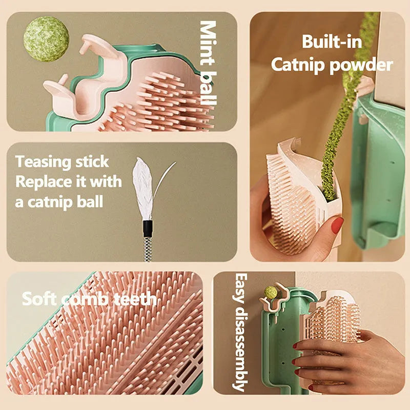 Ice cream cone shaped cat grooming brush with corner rubbing surfaces and attachment options