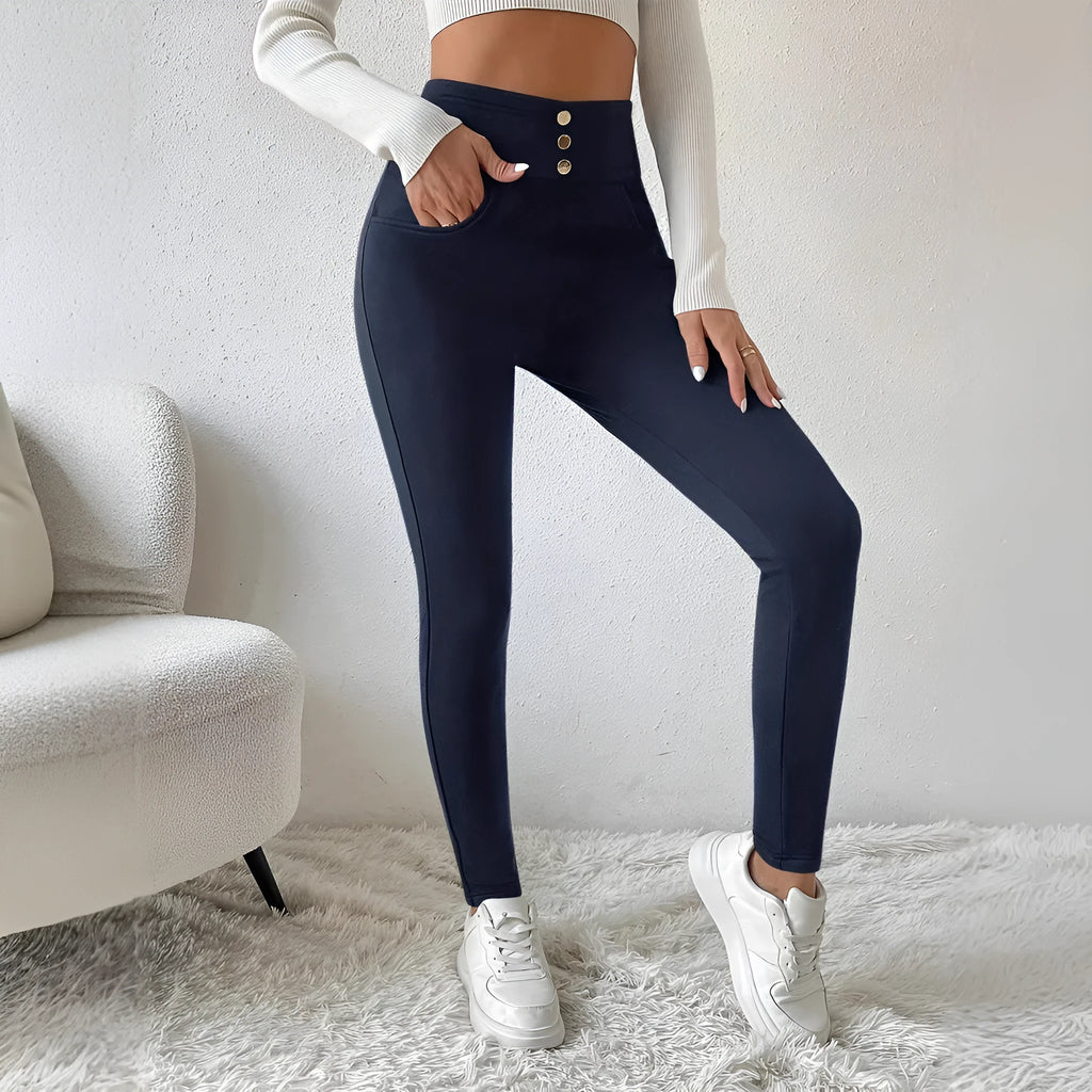 Women's navy blue high-waist straight-leg trousers with slim fit and casual styling