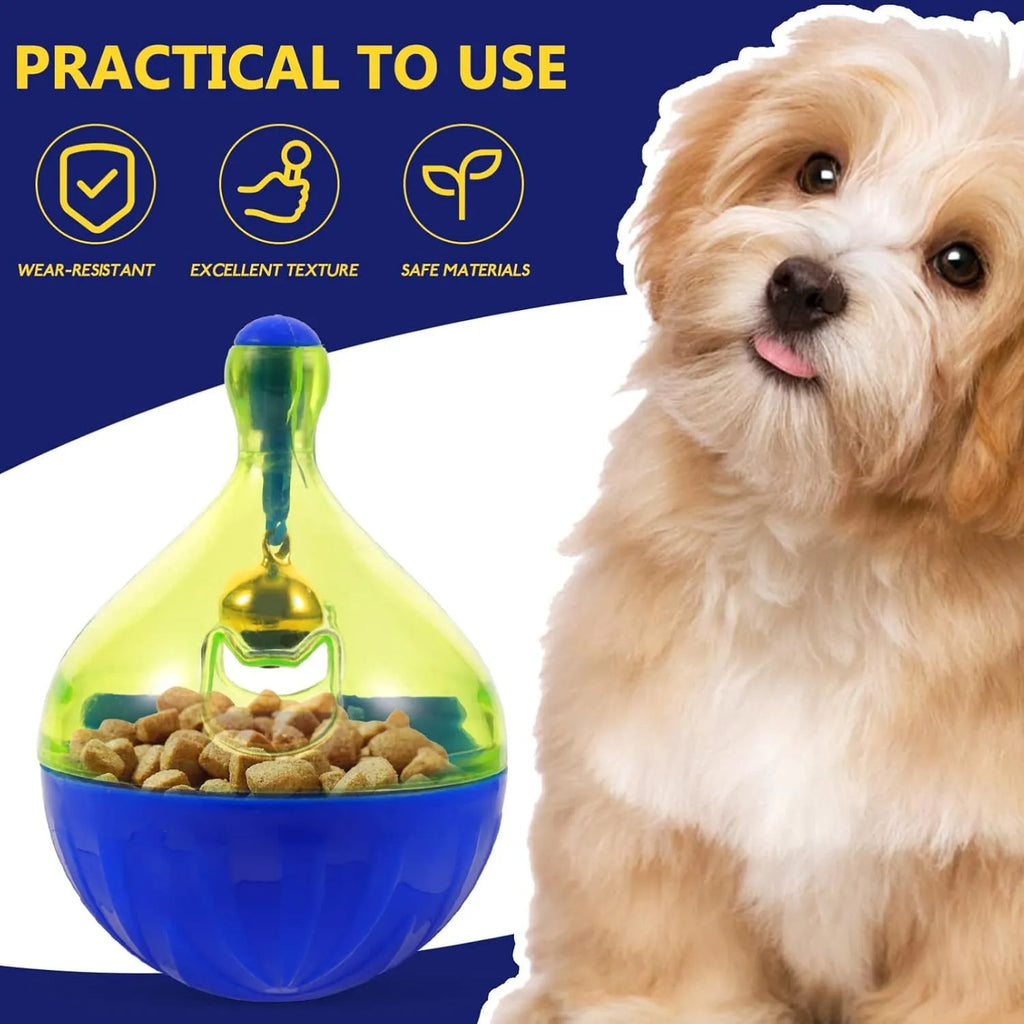 Blue tumbler-shaped pet treat dispenser ball for dogs and cats