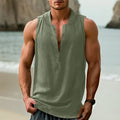 Men's sleeveless casual shirt in a cotton linen blend, shown in mint green.