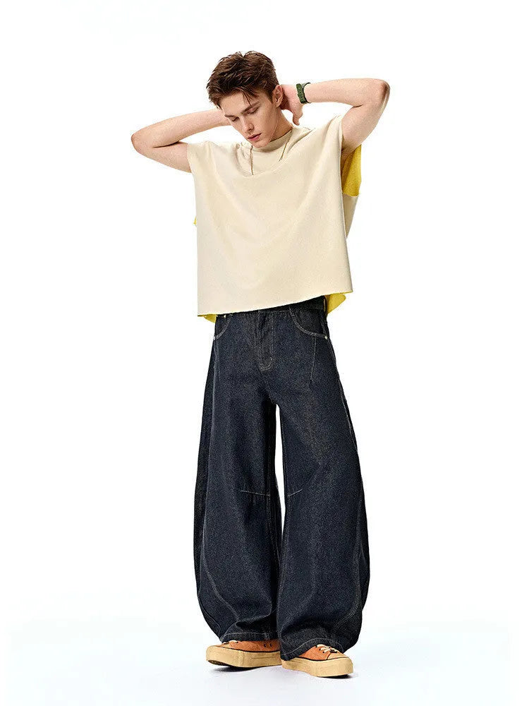 Men's wide leg denim trousers in original cow colour cotton fabric