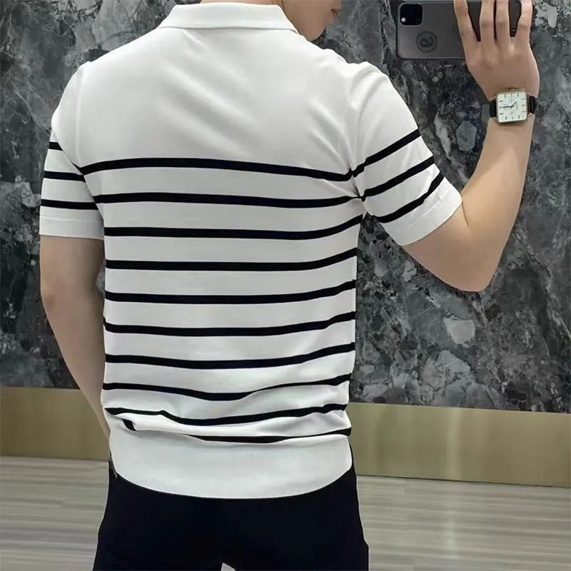 Black and white striped men's knitted t-shirt with a pointed lapel collar.