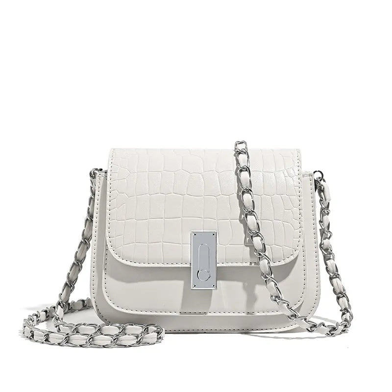 Soft black PU leather women's chain shoulder bag with cross-body strap and sewn detailing