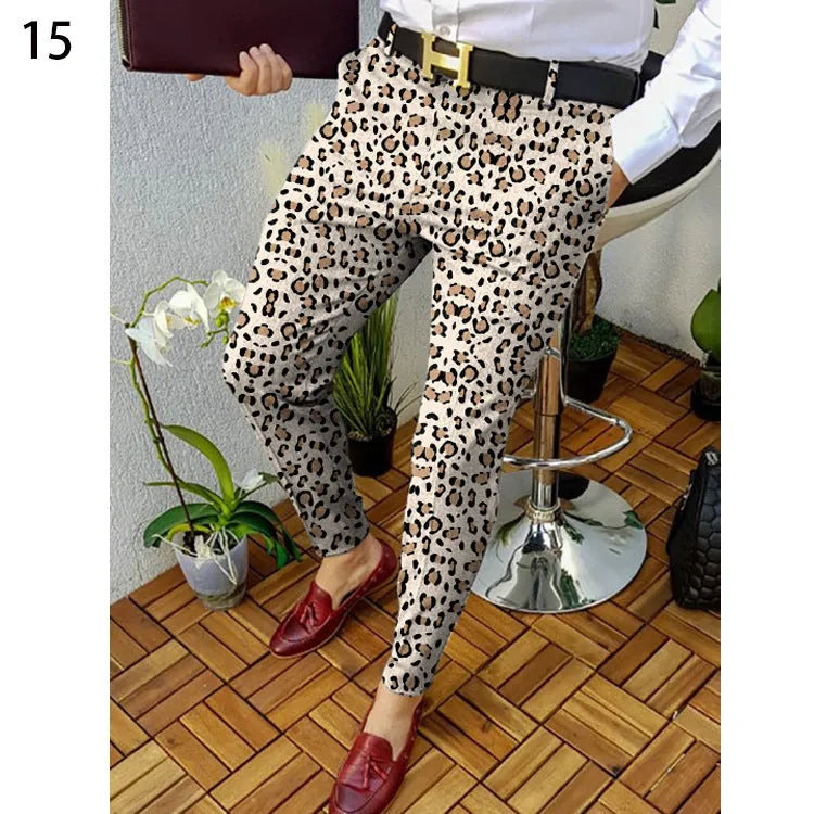 Men's slim-fit plaid casual trousers with elastic waist and straight leg styling