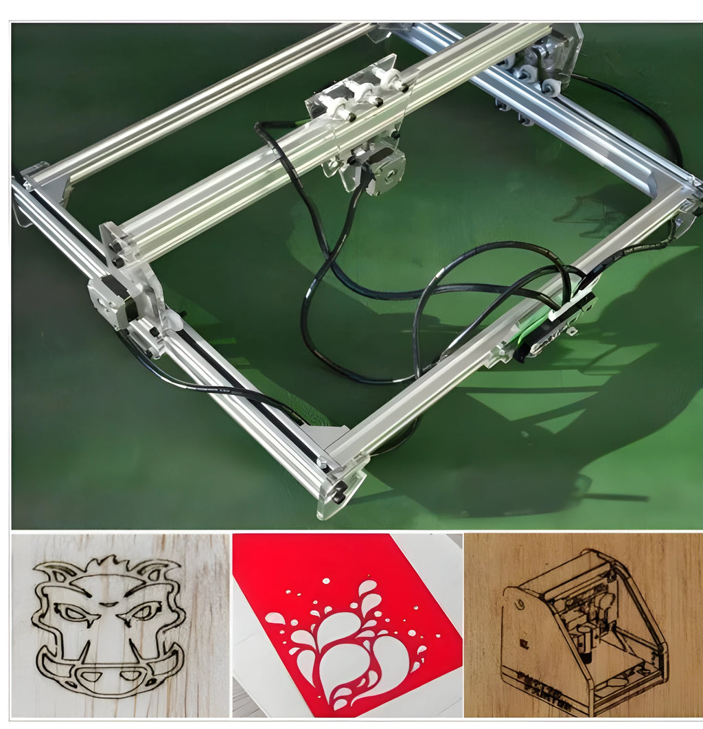 Miniature desktop laser engraving machine for marking and lettering with a 400mm x 300mm base plate.